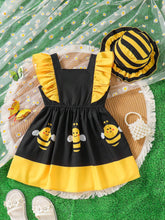 Young Girl Vacation + Adorable Bee Print Ruffle Hem Dress + Hat, Fall/Winter